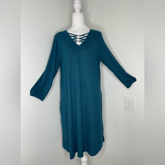 Apt. 9 Teal 3/4 Sleeve Dress V Neck Criss Cross Pockets Casual Lg - Picture 4 of 13